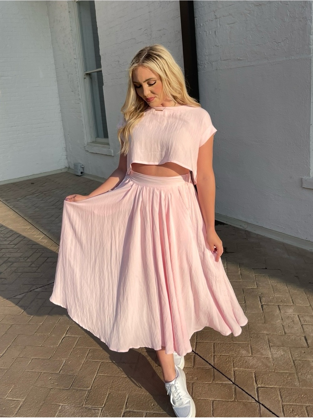 Women's Light Pink Midi Skirt — Flowing High-Waist A-Line